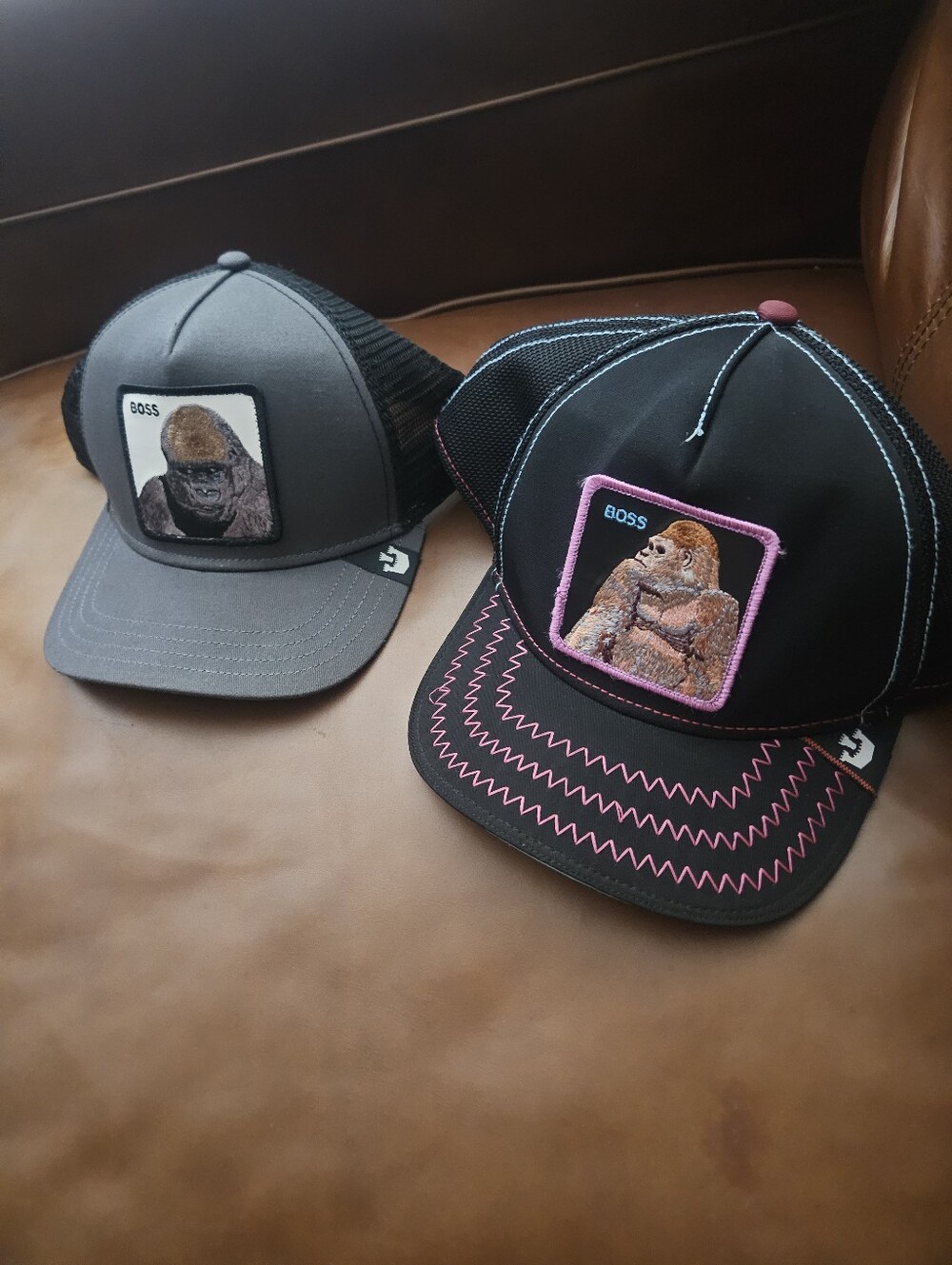 Goorin BOSS Barrel Hat Lot 2 Hats Gray & Black Trucker Cap with Gorilla Patch